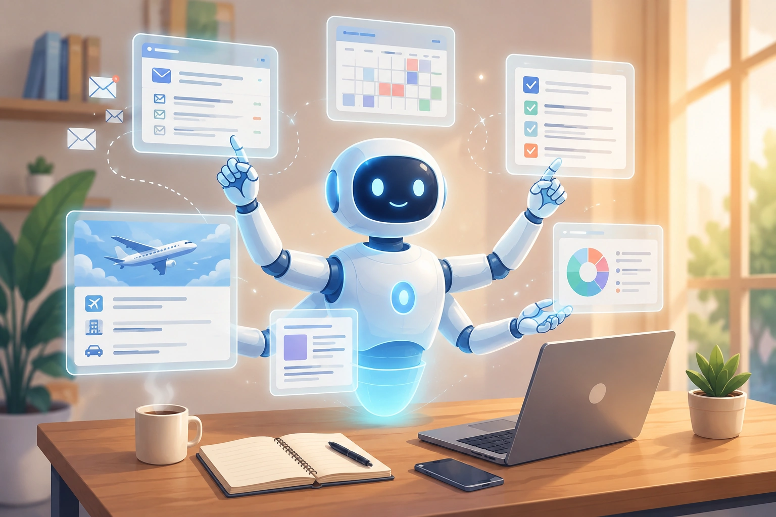 Illustration of an AI agent managing multiple digital tasks through smart automation in a modern workspace.