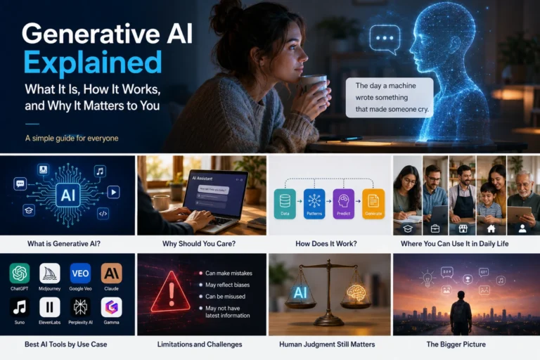 Generative AI explained infographic showing what generative AI is, how it works, everyday applications, popular AI tools, limitations, and the importance of human judgment.