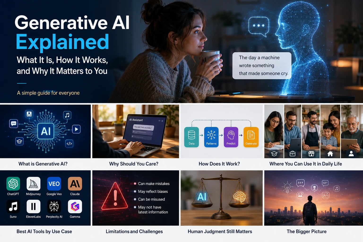 Generative AI explained infographic showing what generative AI is, how it works, everyday applications, popular AI tools, limitations, and the importance of human judgment.