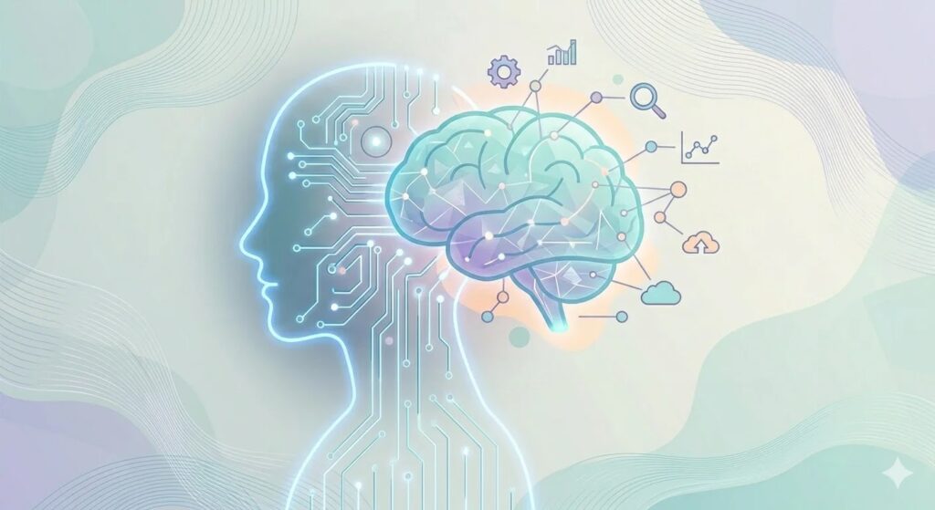 A stylized illustration representing what is AI and how it works, featuring a glowing circuit board silhouette of a human head and a colorful digital brain connected to tech icons.
