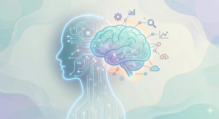 A stylized illustration representing what is AI and how it works, featuring a glowing circuit board silhouette of a human head and a colorful digital brain connected to tech icons.