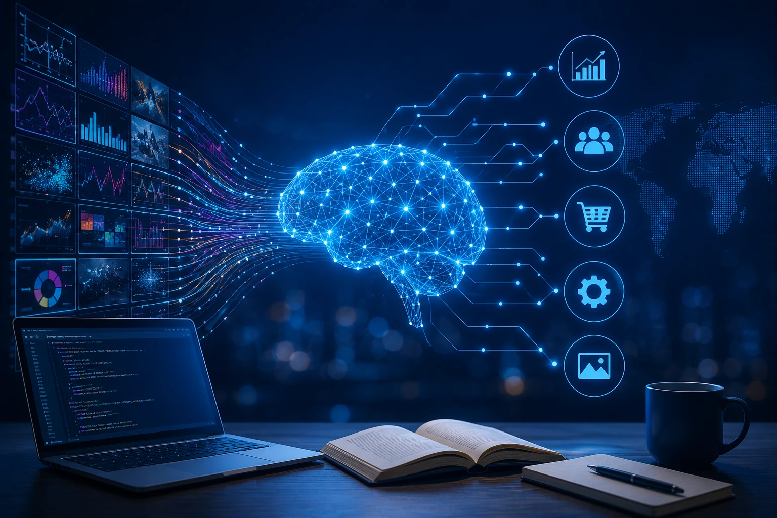 Machine learning concept showing data analysis, pattern recognition, predictive modeling, and AI-powered decision-making.