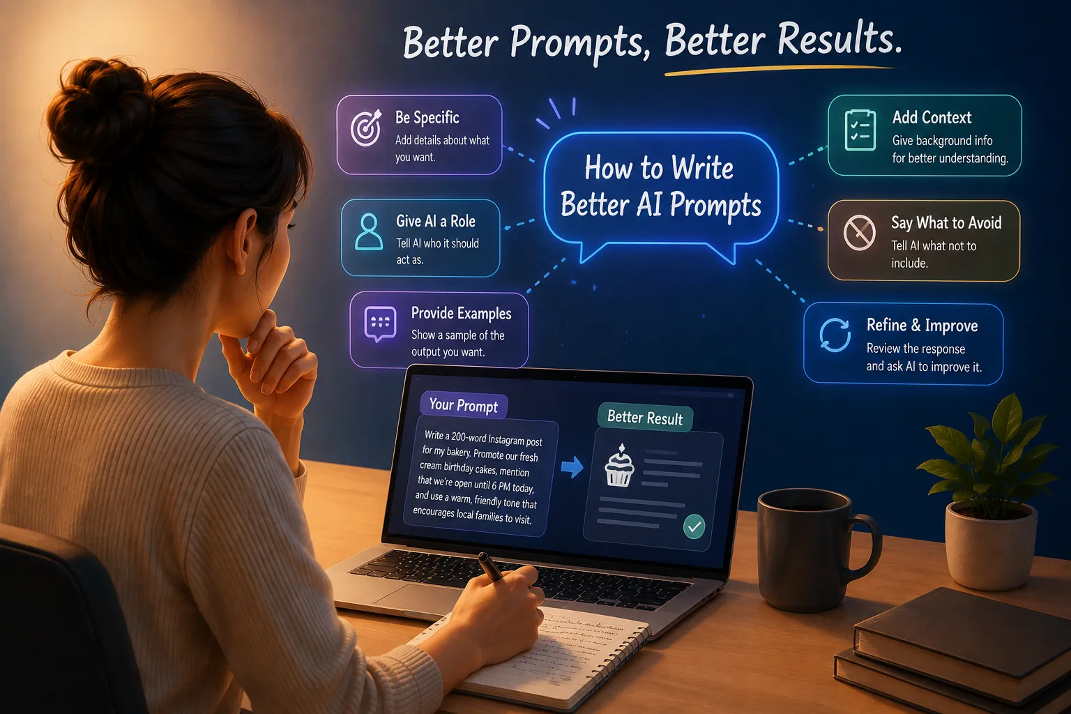 An infographic illustration showing a person at a laptop learning how to write better AI prompts, featuring key tips: Be Specific, Add Context, Give AI a Role, Provide Examples, Say What to Avoid, and Refine & Improve.