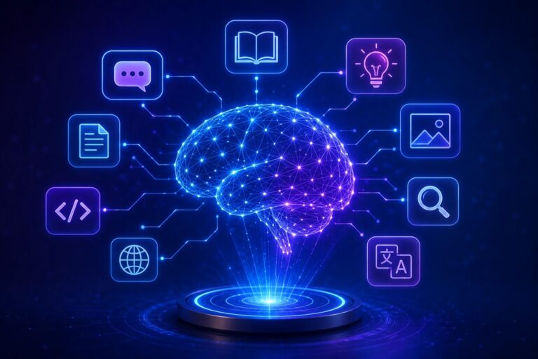 A digital illustration of a glowing blue and purple neural network brain hovering above a tech platform, surrounded by futuristic neon icons representing multimodal AI capabilities like text chat, books, coding, translation, and media analysis.