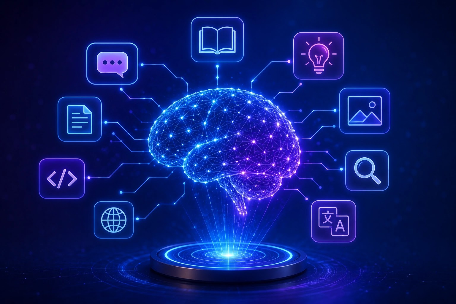 A digital illustration of a glowing blue and purple neural network brain hovering above a tech platform, surrounded by futuristic neon icons representing multimodal AI capabilities like text chat, books, coding, translation, and media analysis.